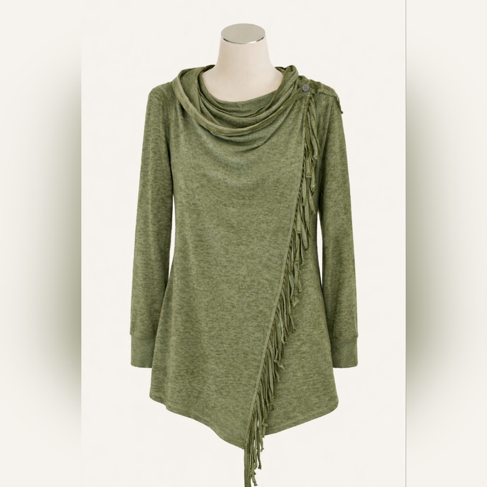Wrangler Olive Green Cowl Neck Fringe Hoodie - XL